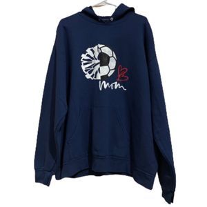 WOMEN’s NAVY LONG SLEEVE HOODIE w/ “Pom-pom, Soccer Ball, Hearts & MOM” Prints